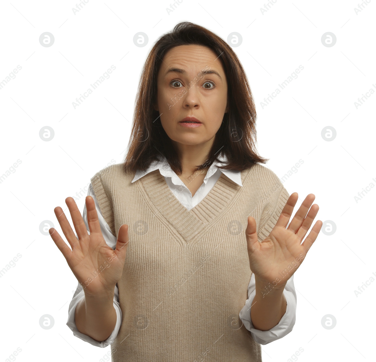 Photo of Mature woman feeling fear on white background