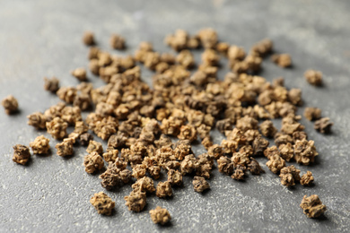 Raw beet seeds on grey background, closeup. Vegetable planting