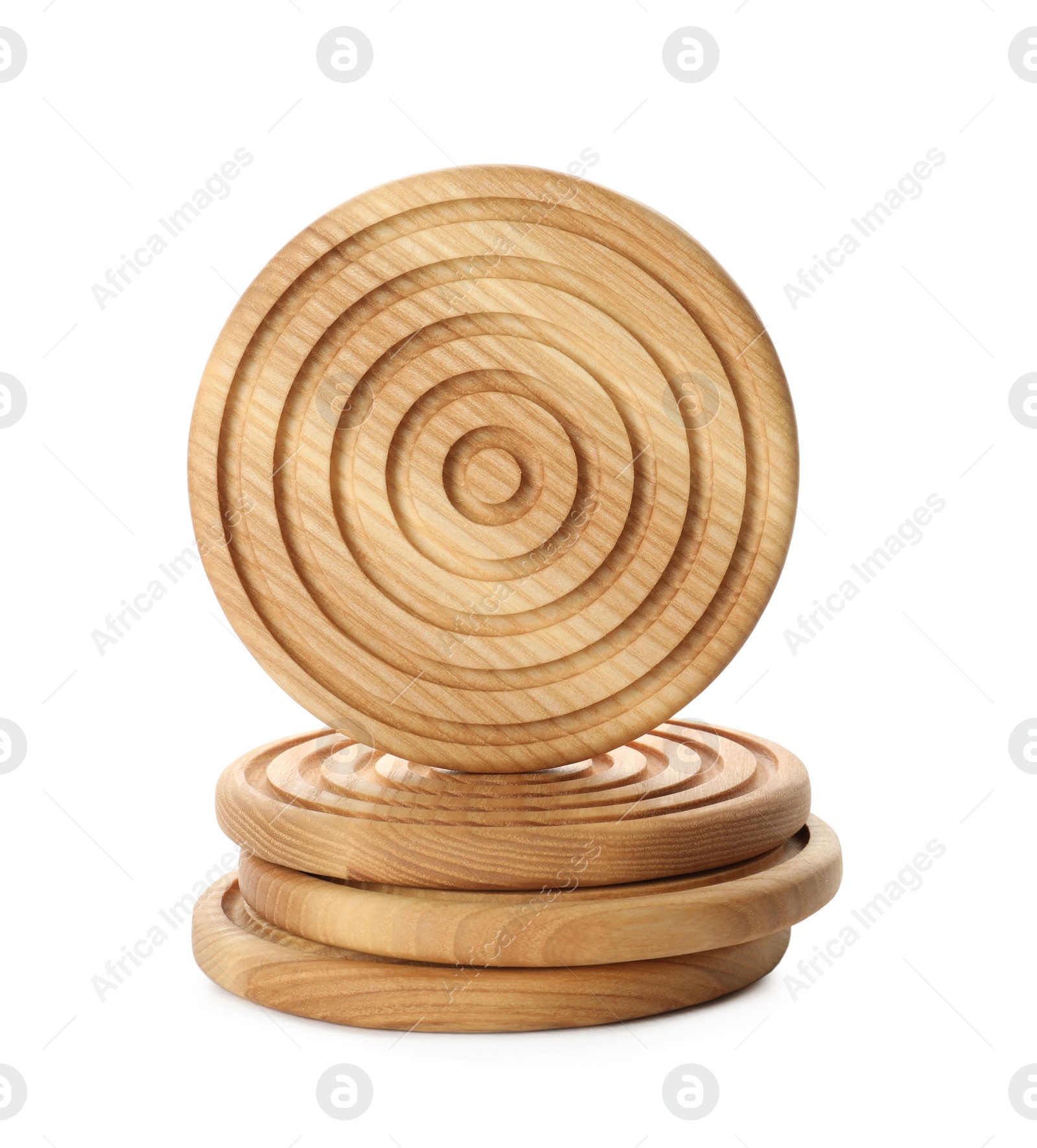 Photo of Stylish wooden cup coasters on white background