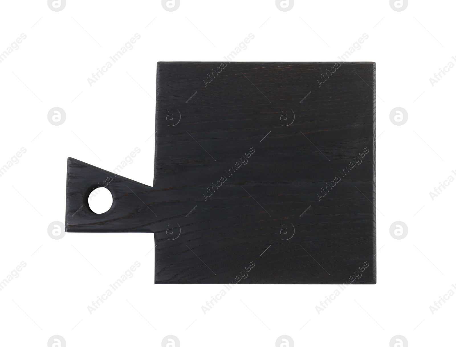 Photo of Black wooden cutting board isolated on white, top view