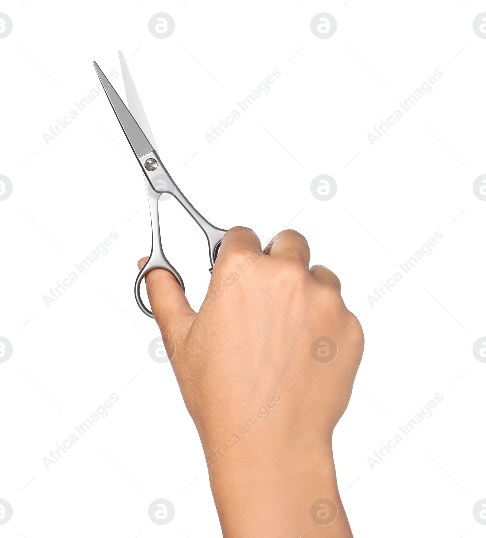 Photo of Hairdresser holding professional scissors isolated on white, closeup. Haircut tool