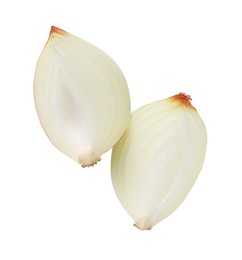 Photo of Pieces of fresh onion on white background, top view