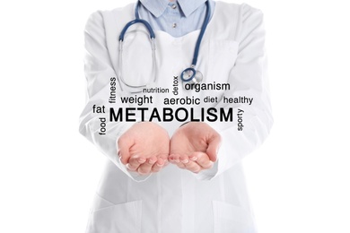 Image of Metabolism concept. Doctor presenting scheme on white background, closeup