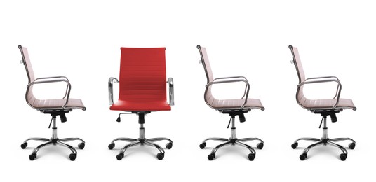 Vacant position. Red office chair among another ones on white background, banner design