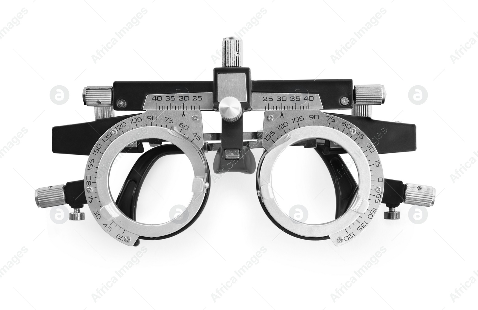 Photo of Trial frame isolated on white, top view. Ophthalmologist tool