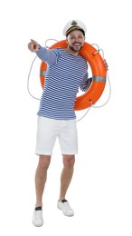 Photo of Happy sailor with ring buoy pointing on white background
