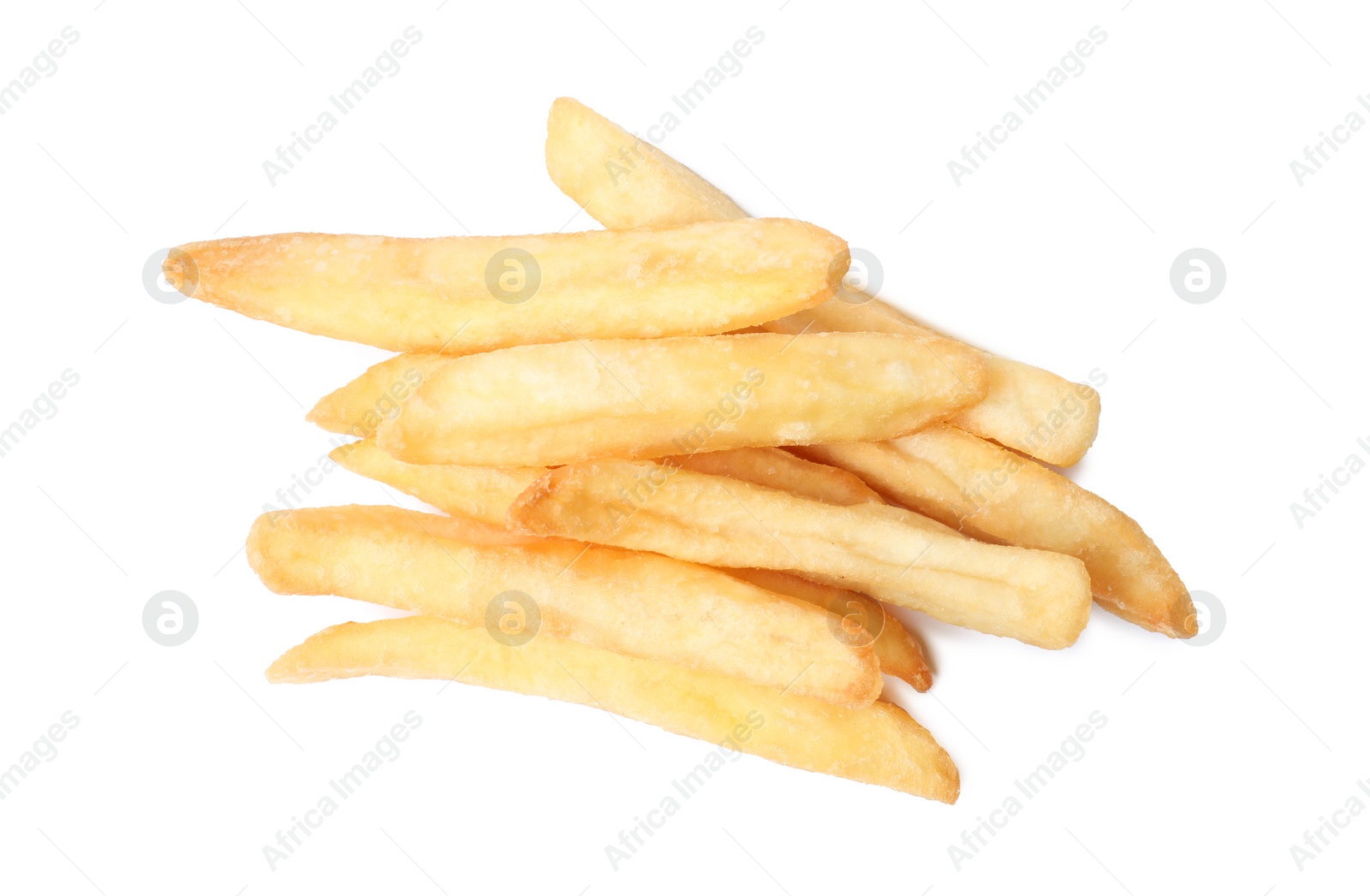 Photo of Delicious fresh french fries on white background, top view