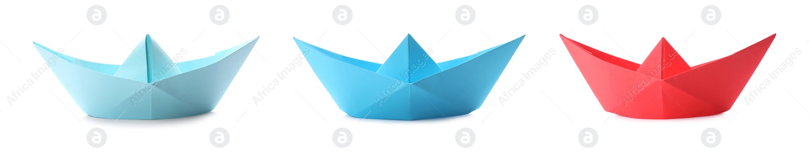 Image of Set with multicolor paper boats on white background. Banner design