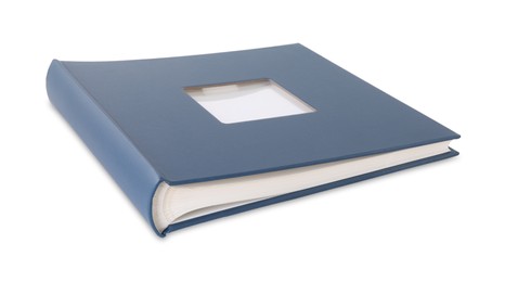 Photo of Blue closed photo album isolated on white