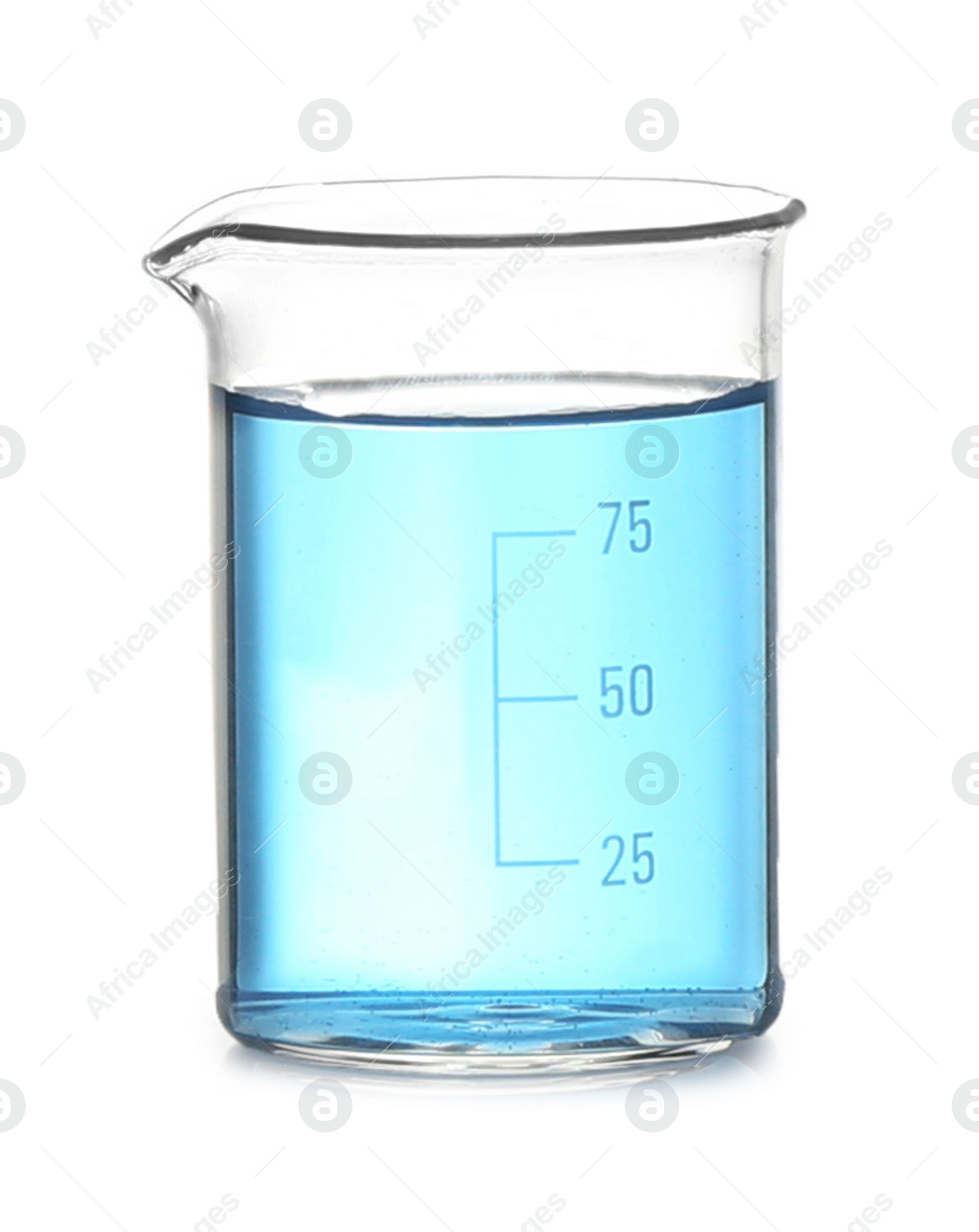 Photo of Beaker with light blue liquid isolated on white