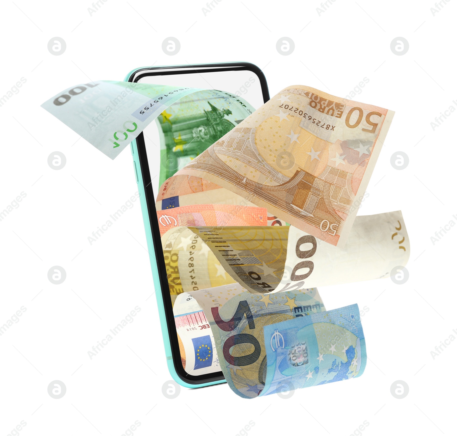 Image of Euro banknotes and modern smartphone on white background