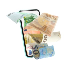 Image of Euro banknotes and modern smartphone on white background