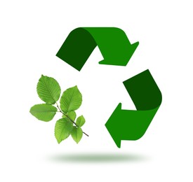 Recycling symbol made of arrows and branch with green leaves on white background