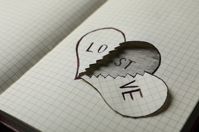 Photo of Broken heart with words LOVE and LOST in notebook, closeup. Relationship problems concept