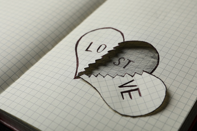 Broken heart with words LOVE and LOST in notebook, closeup. Relationship problems concept