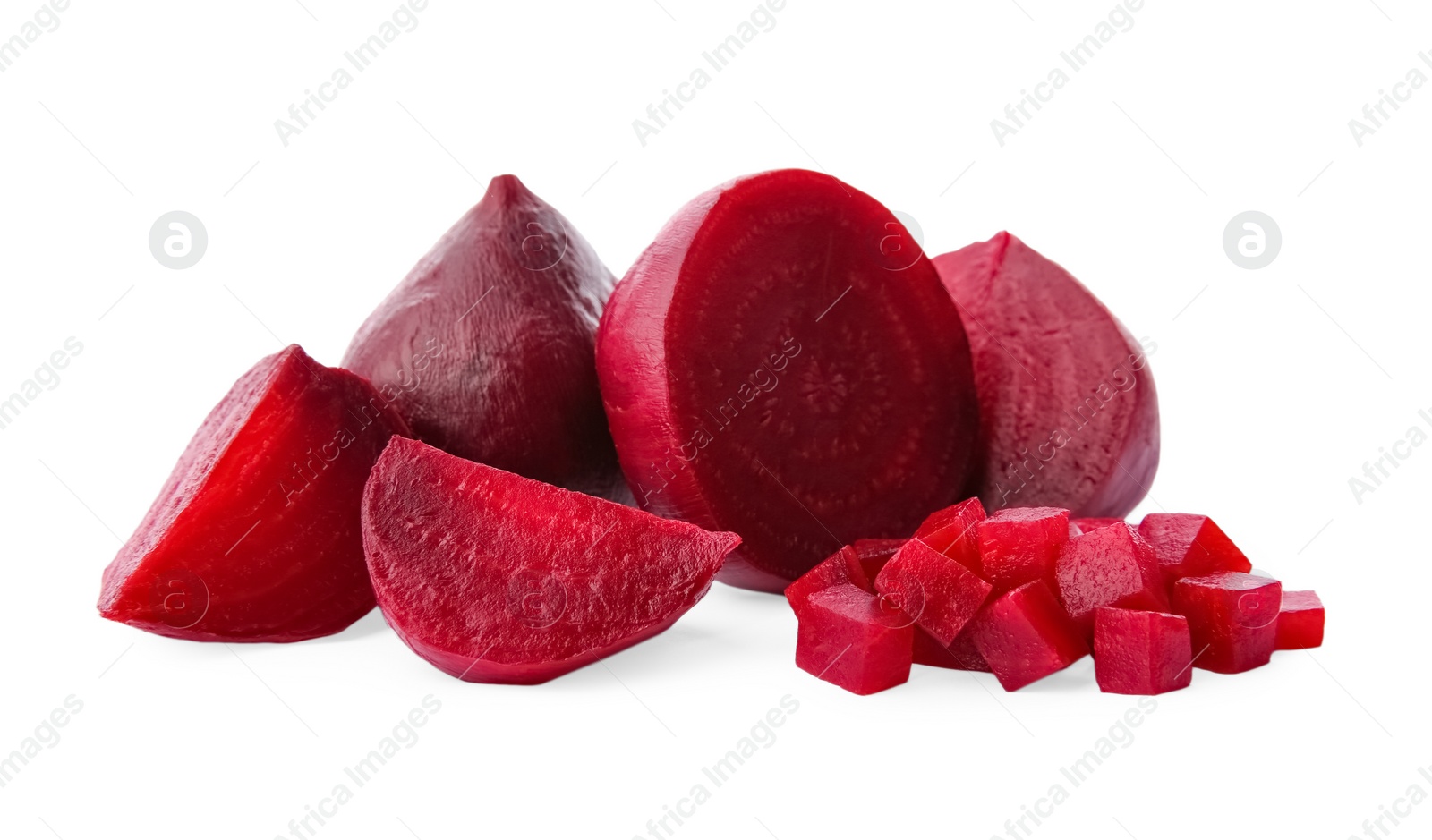 Photo of Whole and cut boiled red beets on white background