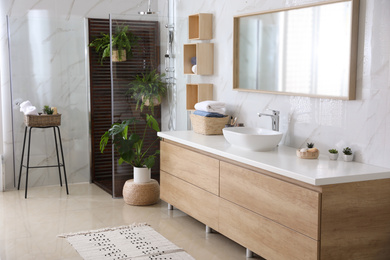 Bathroom interior with shower stall, counter and houseplants. Idea for design