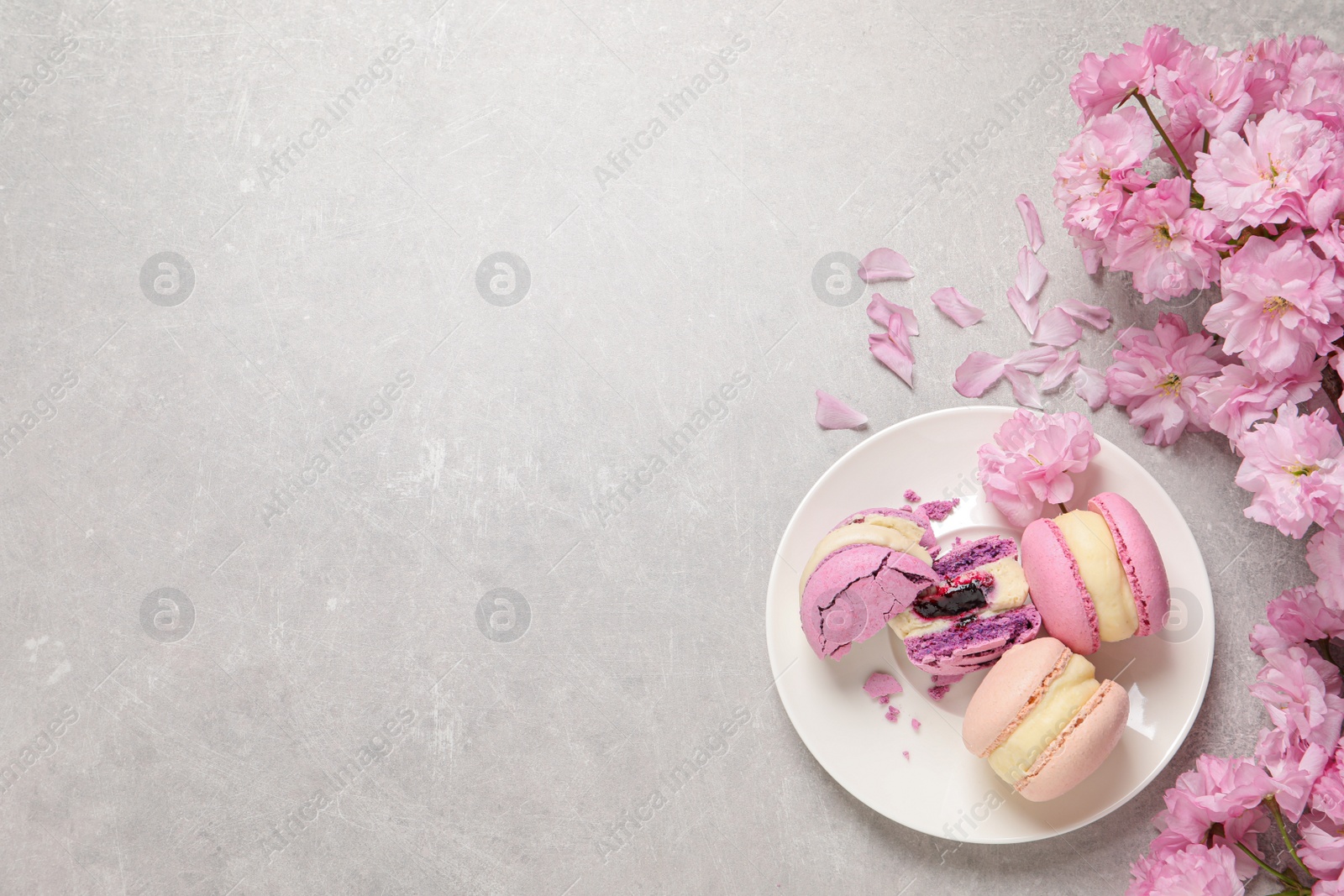 Photo of Delicious colorful macarons and pink flowers on grey table, flat lay. Space for text