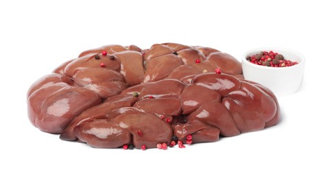 Photo of Fresh raw kidney meat with peppercorns on white background