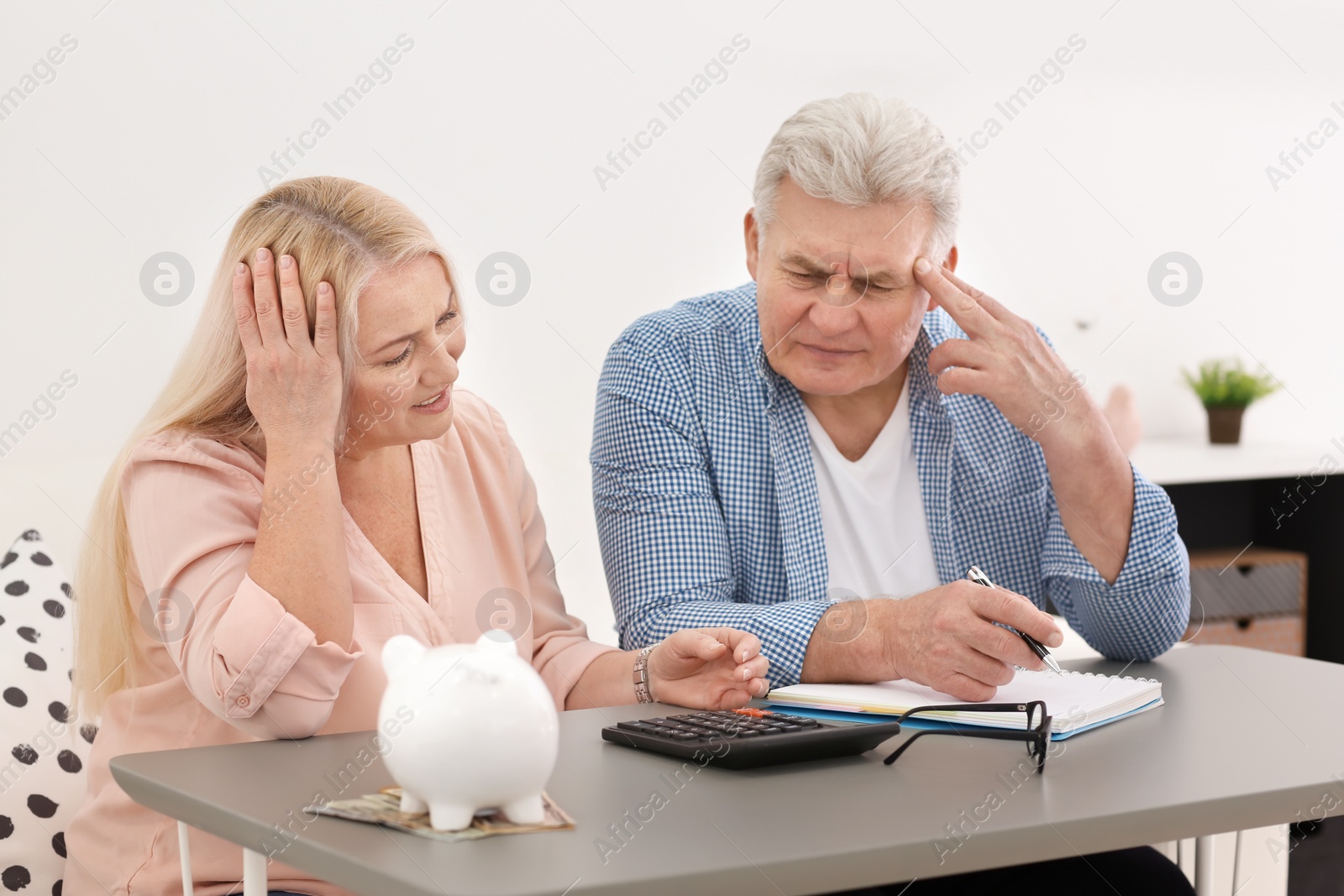 Photo of Mature couple thinking over pension payment at home