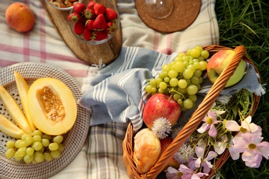 Photo of Picnic blanket with delicious food on green grass, top view