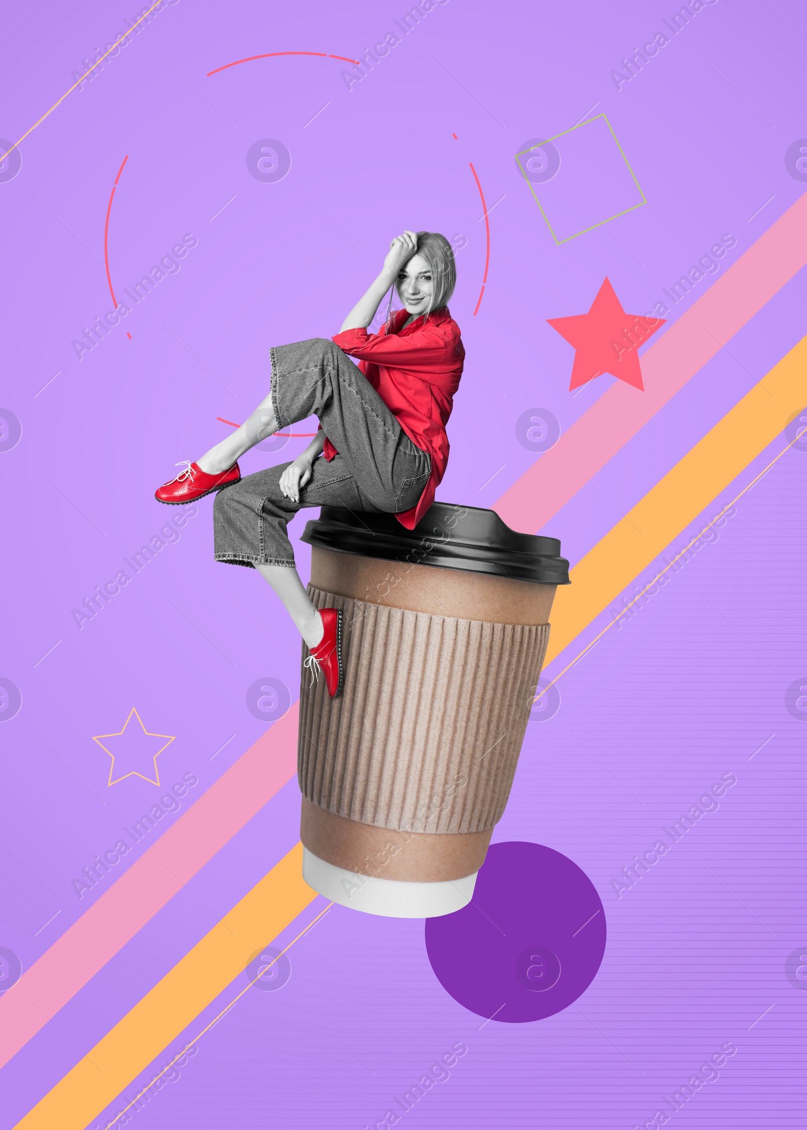 Image of Coffee to go. Woman sitting on takeaway paper cup on violet background, stylish artwork