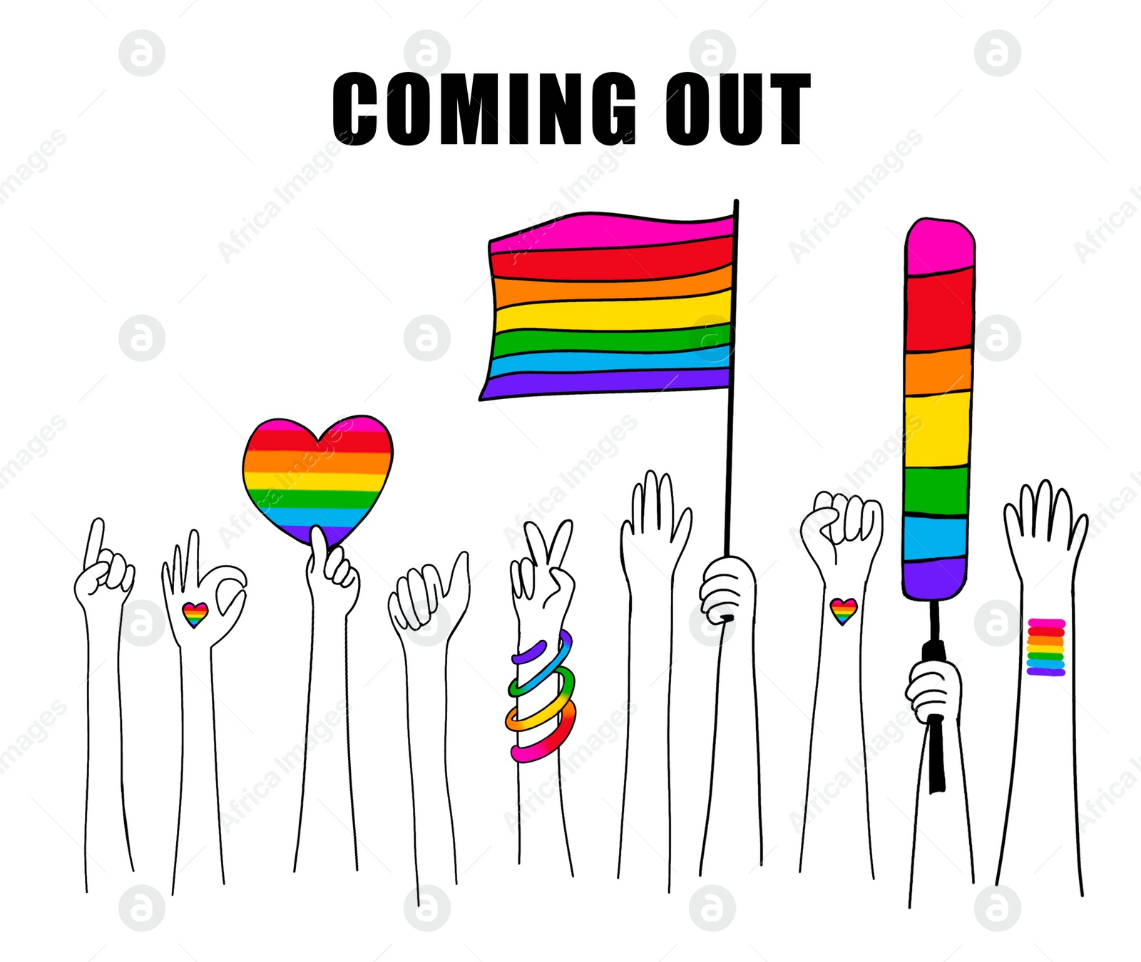 Illustration of Coming Out. Many hands with pride flag and accessories on white background, illustration