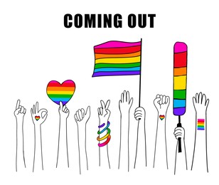 Coming Out. Many hands with pride flag and accessories on white background, illustration