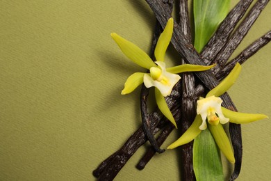 Photo of Vanilla pods, beautiful flowers and green leaves on olive color background, top view. Space for text