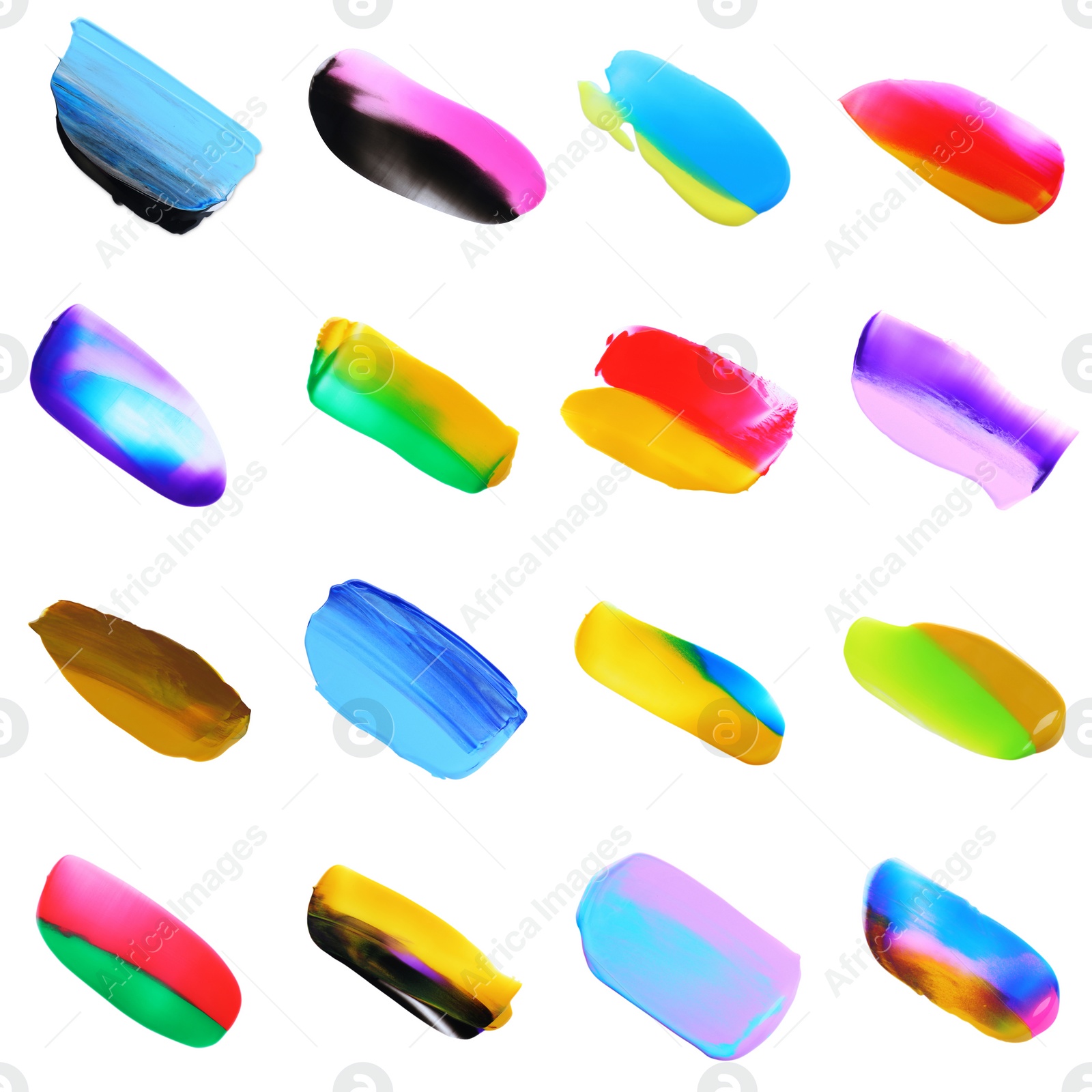 Image of Set with paint samples of different colors isolated on white, top view