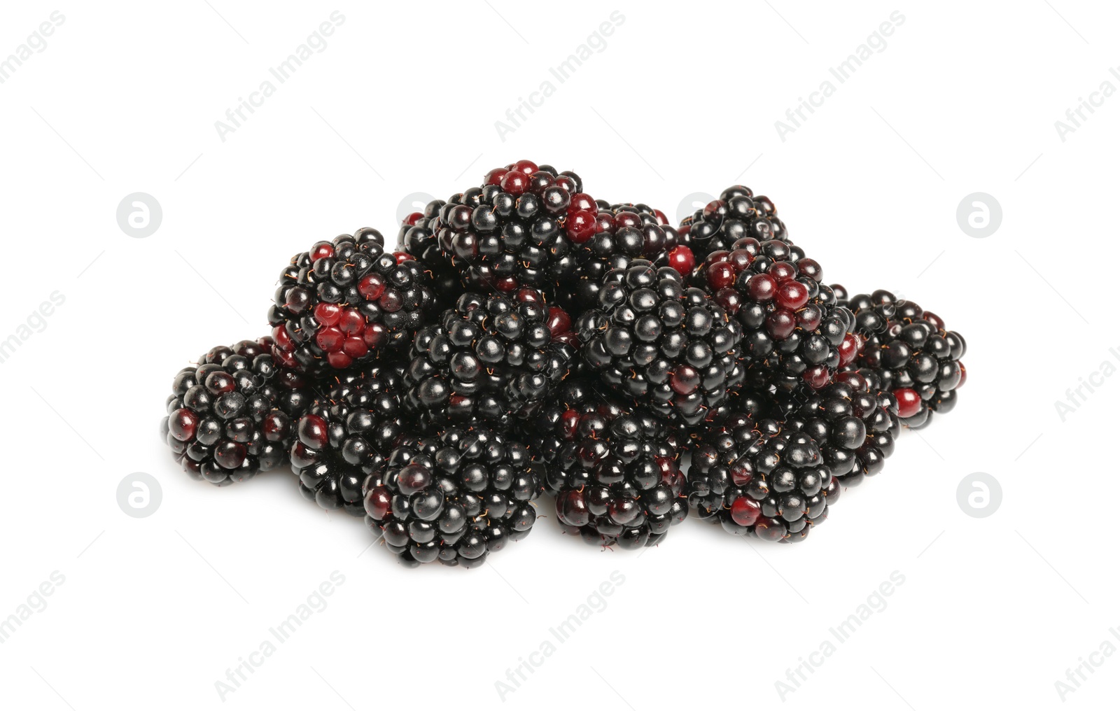 Photo of Pile of ripe blackberries isolated on white, top view