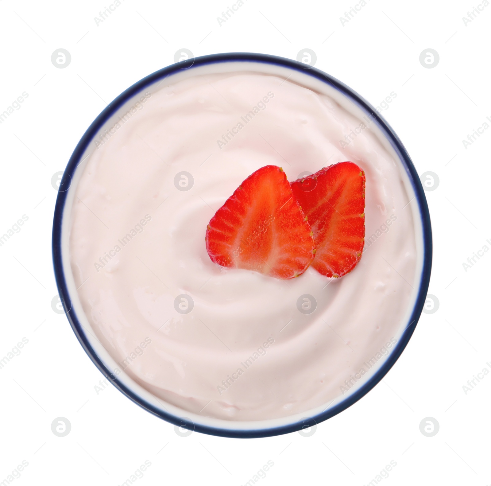 Photo of Bowl of delicious yogurt with strawberries isolated on white, top view