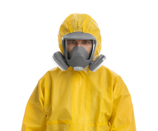 Photo of Man wearing chemical protective suit on white background. Prevention of virus spread