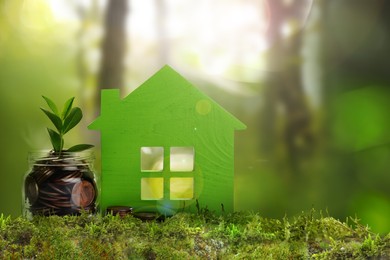 Image of Eco friendly home. House model and jar with coins on green grass outdoors