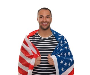 4th of July - Independence Day of USA. Happy man with American flag on white background