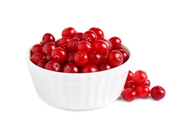 Pile of fresh ripe cranberries on white background