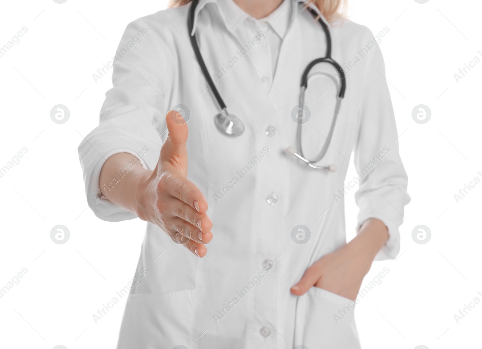 Photo of Female doctor offering handshake on white background, closeup