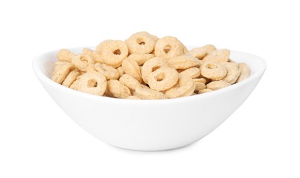 Photo of Tasty cereal rings in bowl isolated on white