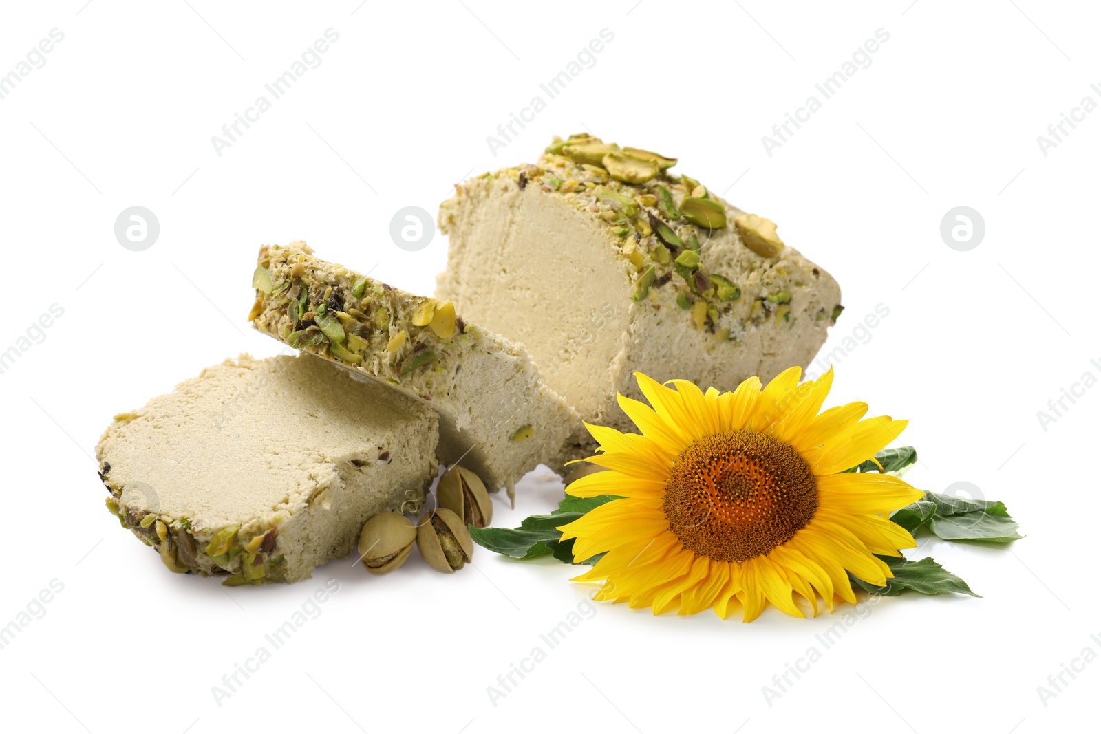 Image of Tasty halva with pistachios and sunflower isolated on white