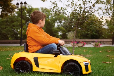 Photo of Cute little boy driving children's car in park