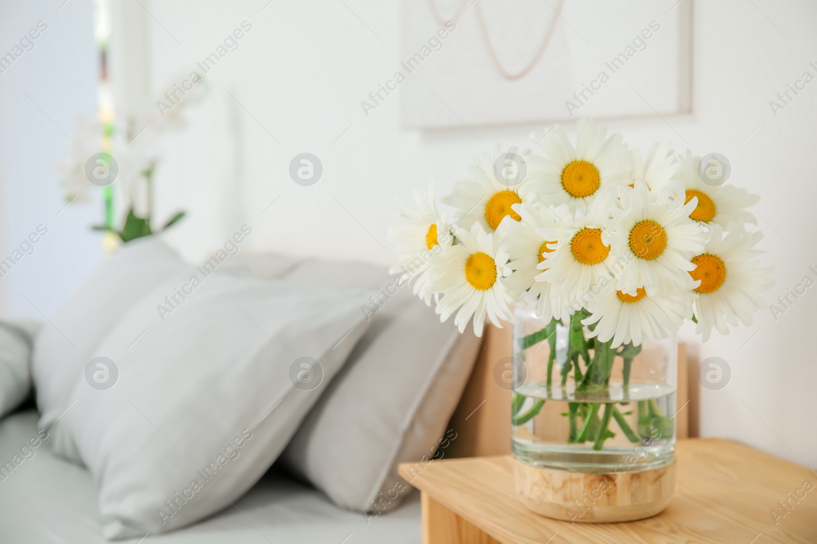 Photo of Bouquet of beautiful daisy flowers on wooden table in bedroom, space for text