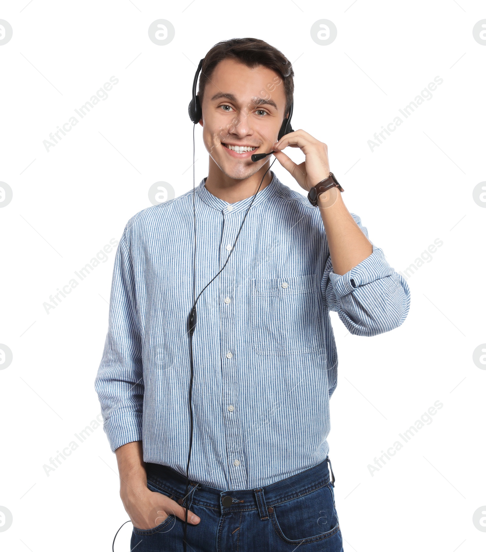 Photo of Technical support operator with headset on white background