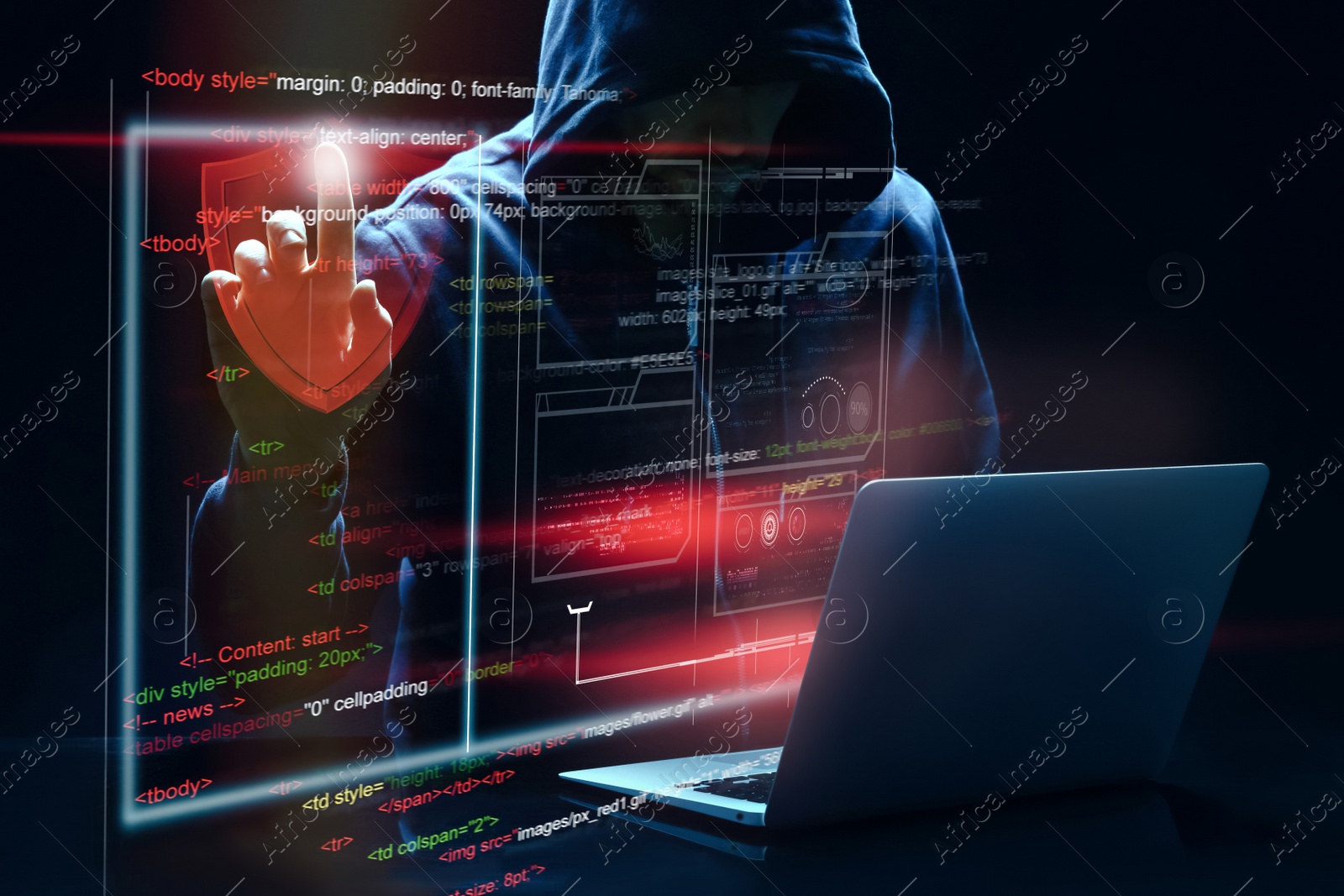 Image of Man with laptop and digital code on dark background. Cyber attack concept