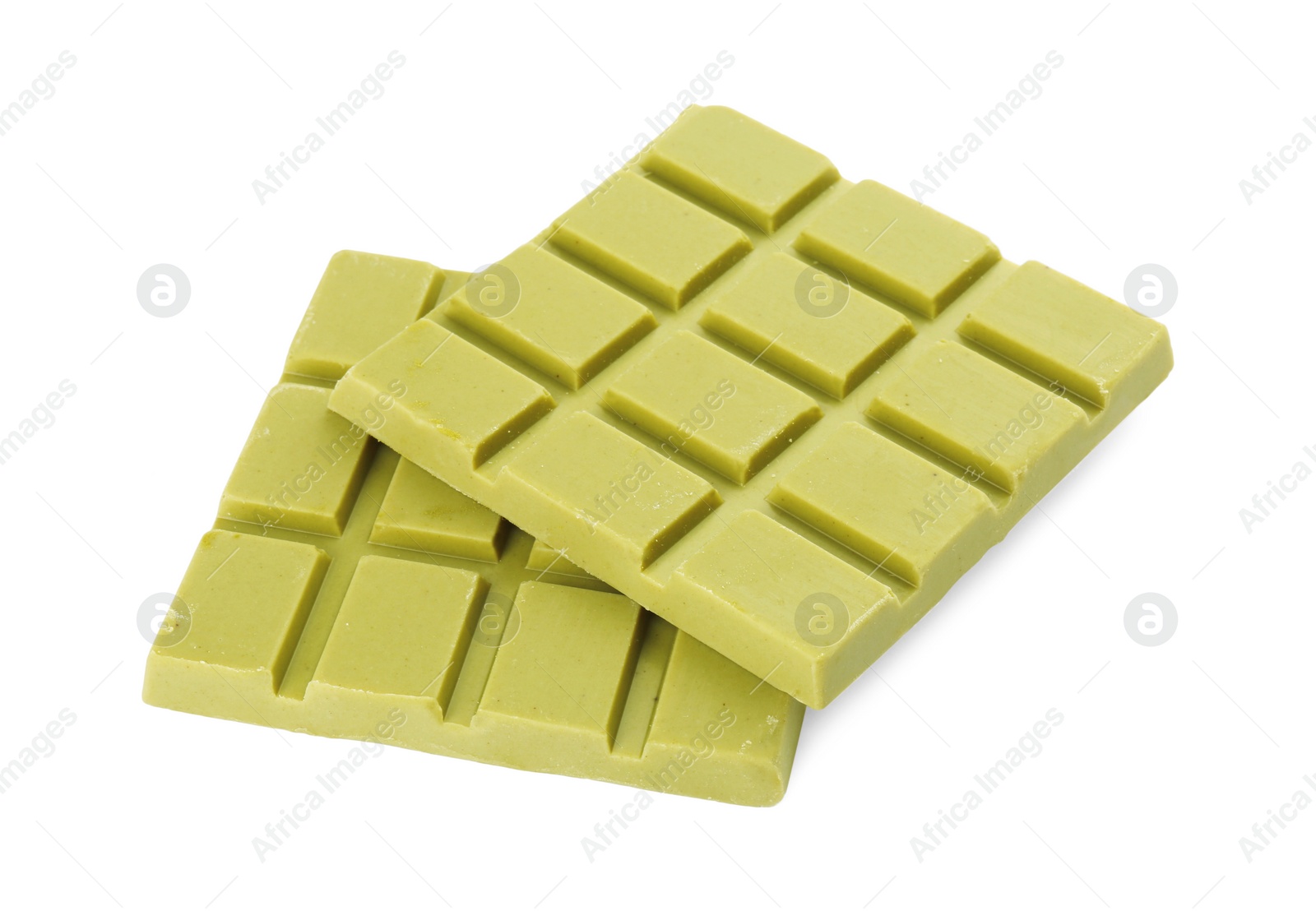 Photo of Pieces of tasty matcha chocolate bar isolated on white