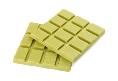 Pieces of tasty matcha chocolate bar isolated on white