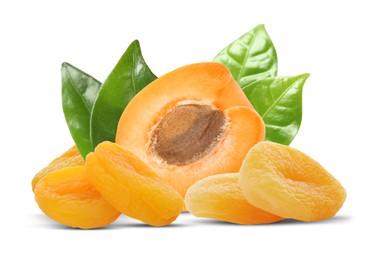 Image of Tasty dried apricots and fresh one with green leaves on white background