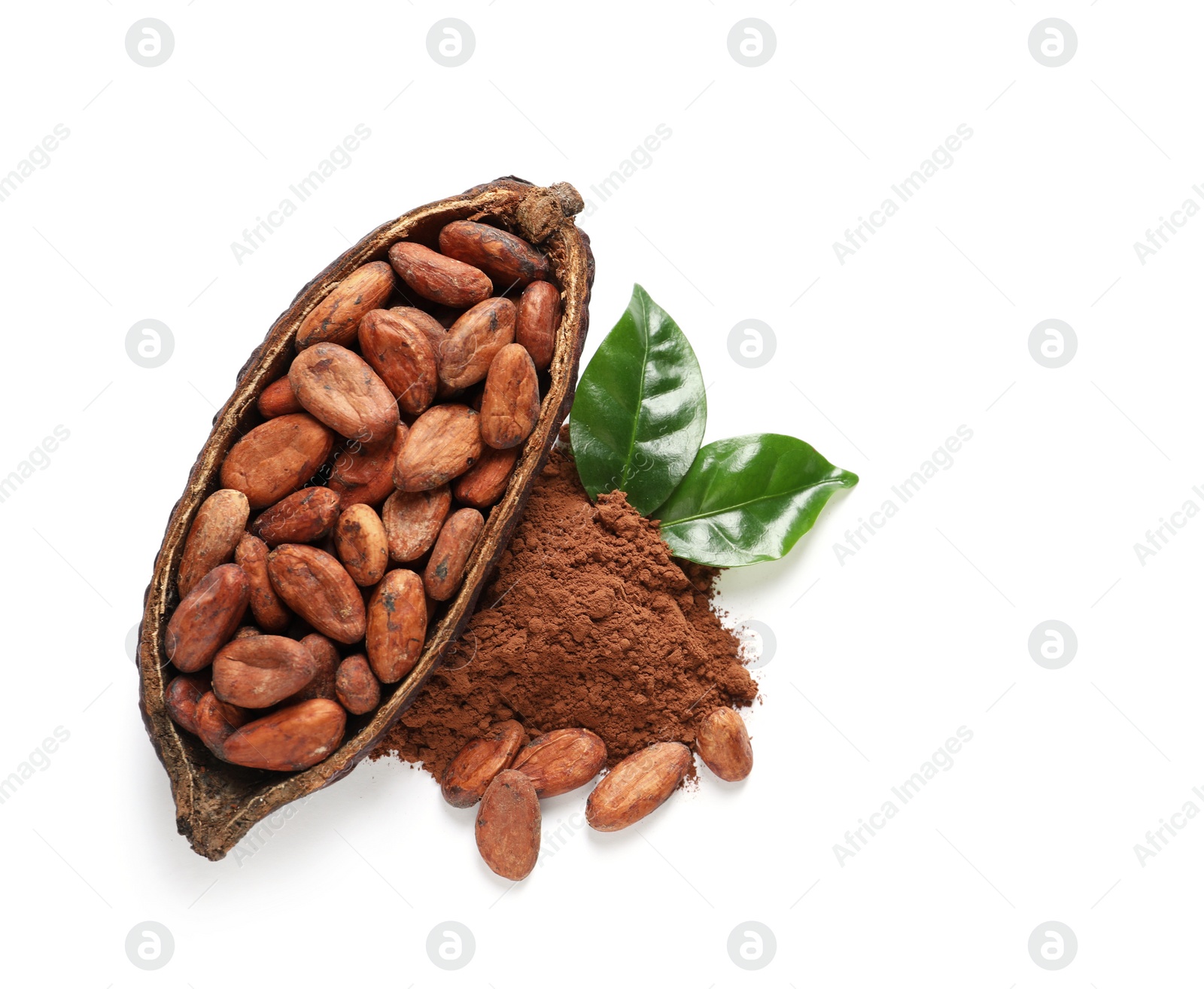 Photo of Composition with cocoa products on white background, top view