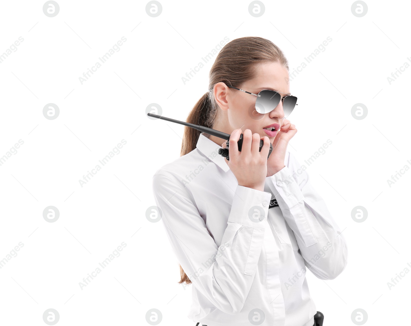 Photo of Female security guard using portable radio transmitter on white background