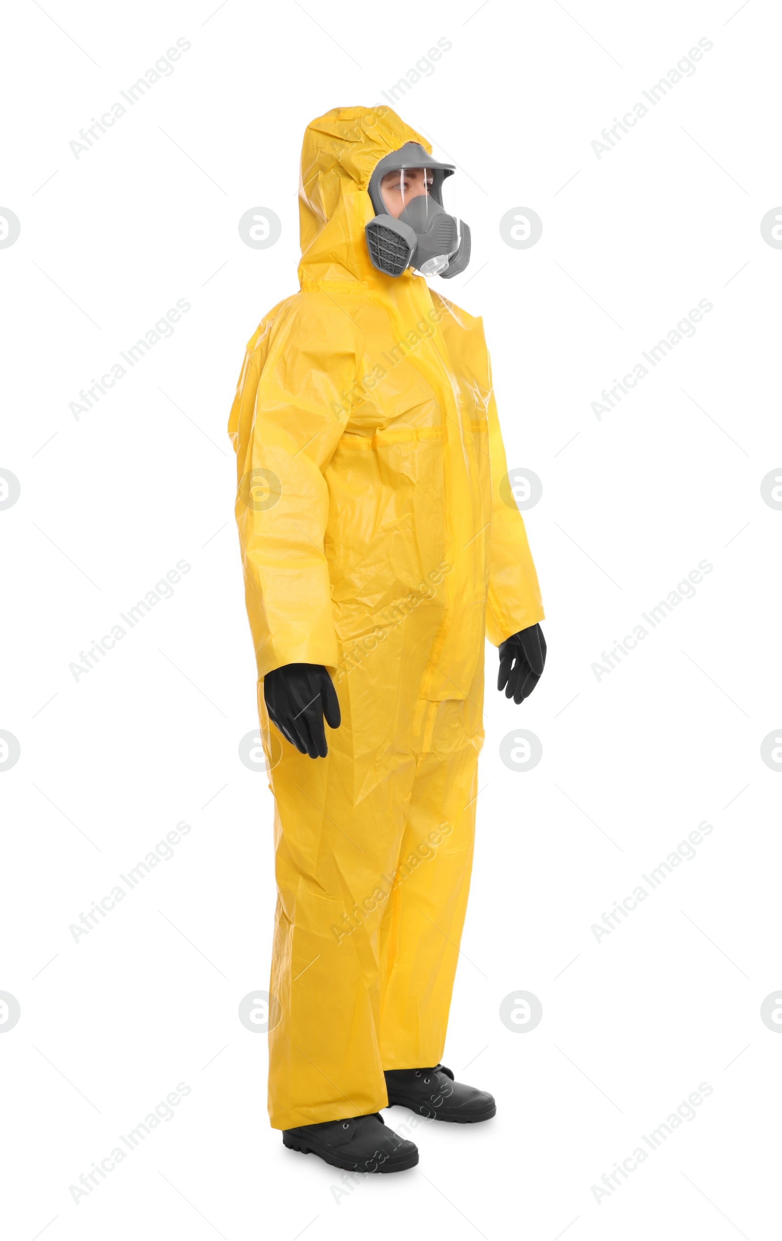 Photo of Woman wearing chemical protective suit on white background. Virus research