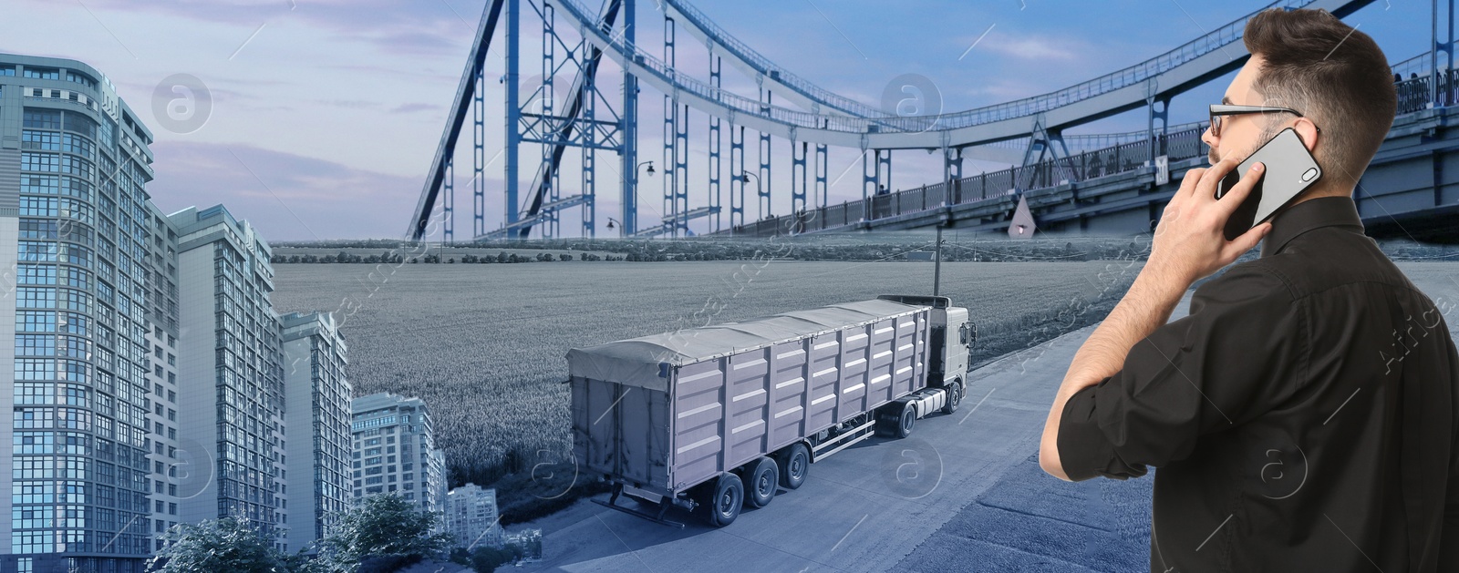 Image of Logistics concept. Businessman with phone, banner design. Trucks and buildings on background, toned in blue